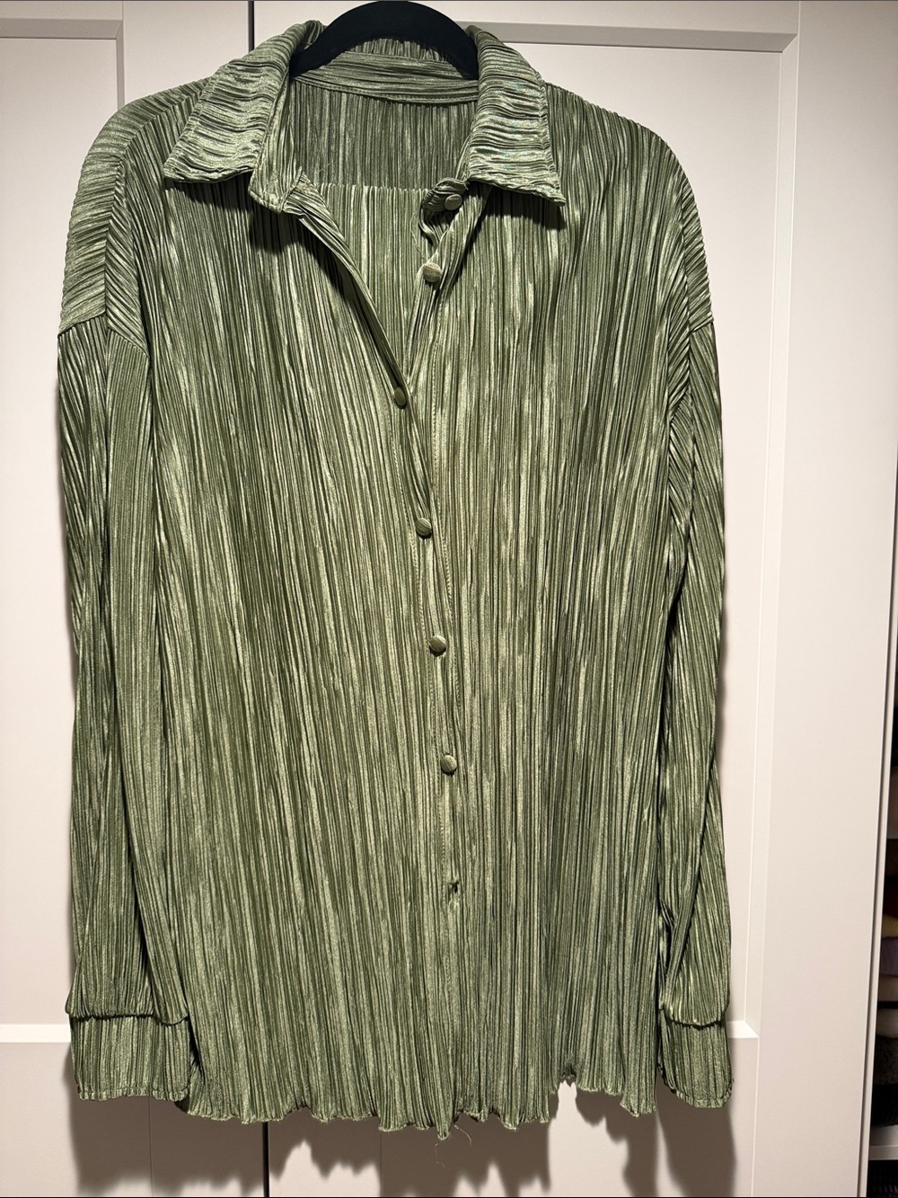 Olive Green Pleated Button-Front Blouse and shorts set.